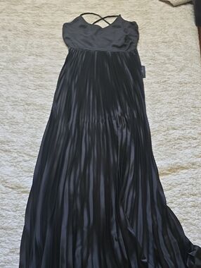 Lulu's Black Pleated Satin Maxi Dress with Crisscross Straps Runs Long